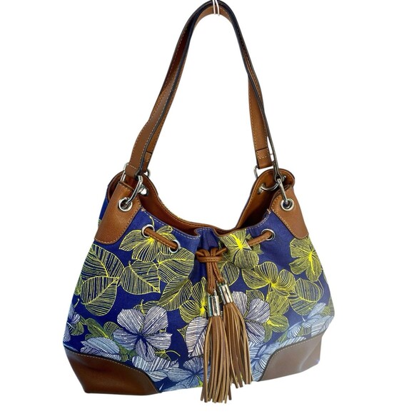 Vintage Chaps Tote Handbag Blue Yellow Floral Canvas Tassel - Picture 1 of 5